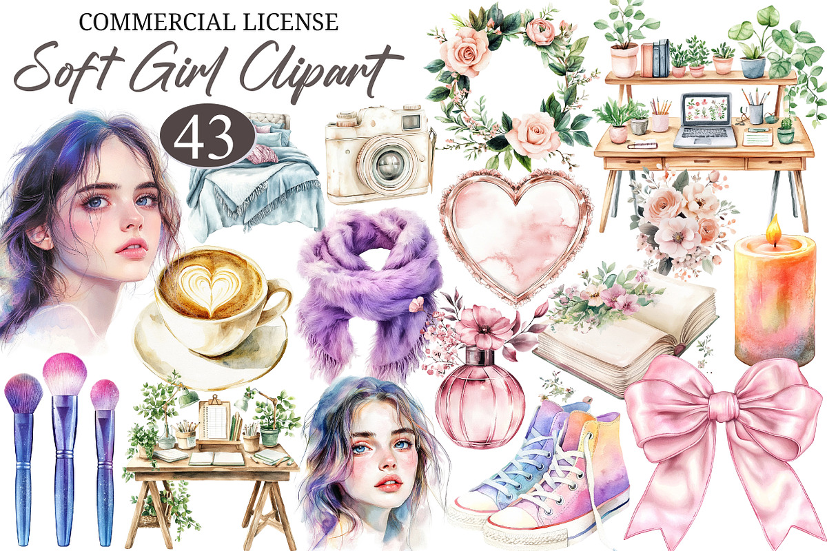 Watercolor Soft Girl Clipart, an Illustration by designcity5 (Photo 1 of 5)