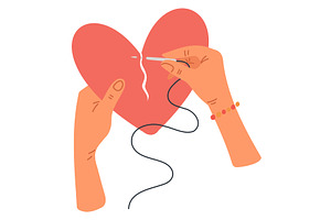 Womens hands sew up broken heart, an Object Illustration by Vectorbuum