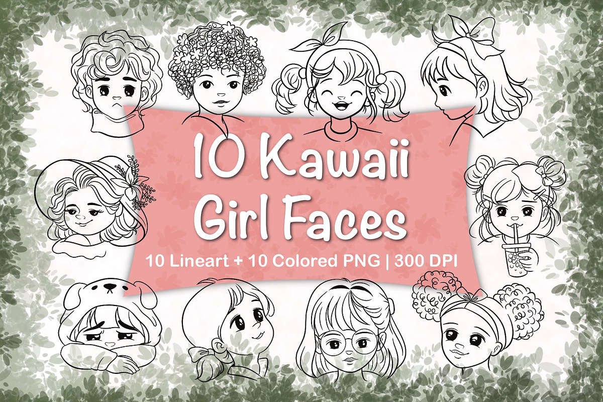 10 Kawaii Girl Faces, a Person Illustration by shielscreations (Photo 1 of 6)