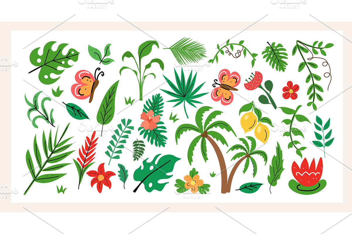 Tropical plant set hand draw flat, an Animal Illustration by Lucia Fox