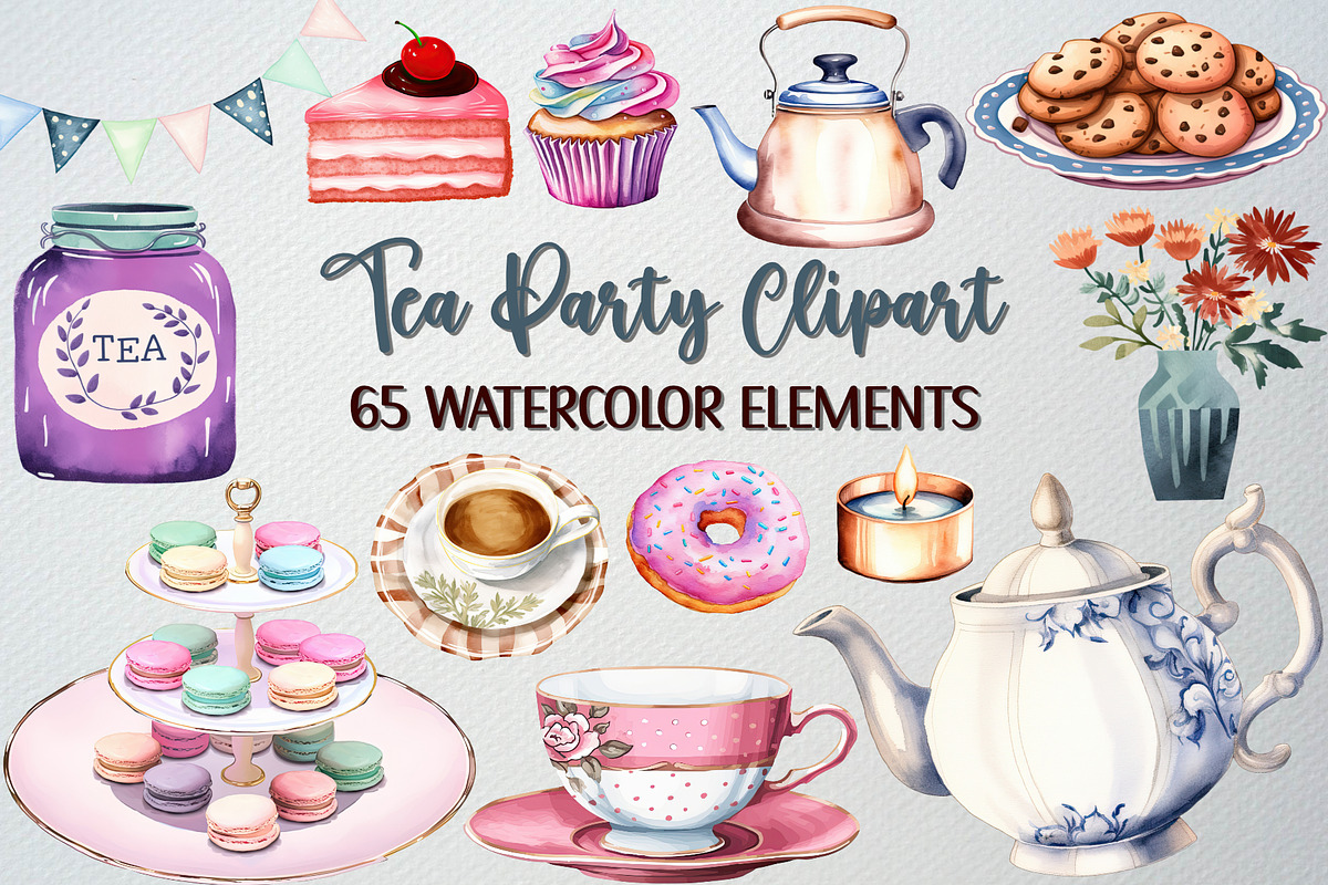Watercolor Tea Party Clipart, 65 PNG, an Illustration by CropUp Creative (Photo 1 of 5)