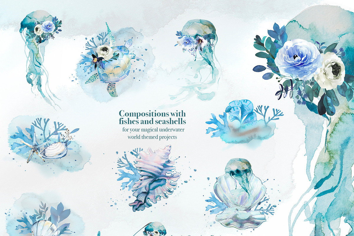 Hand-Painted Mermaid Clipart Set, a Person Illustration by ArtCreationsDesign (Photo 14 of 24)