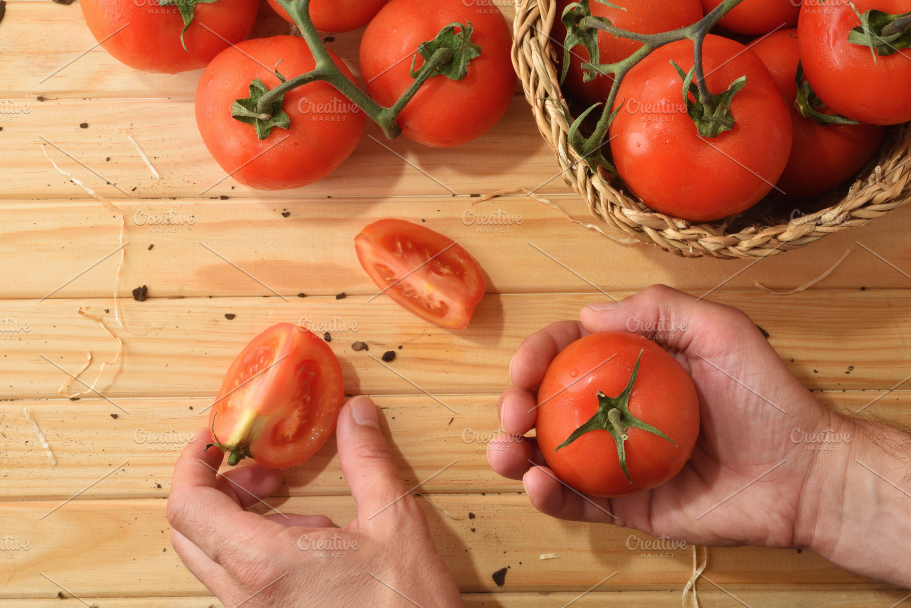 Fresh Tomatoes in Hands on Wooden Table, a Food & Drink Photo by Davizro's Market