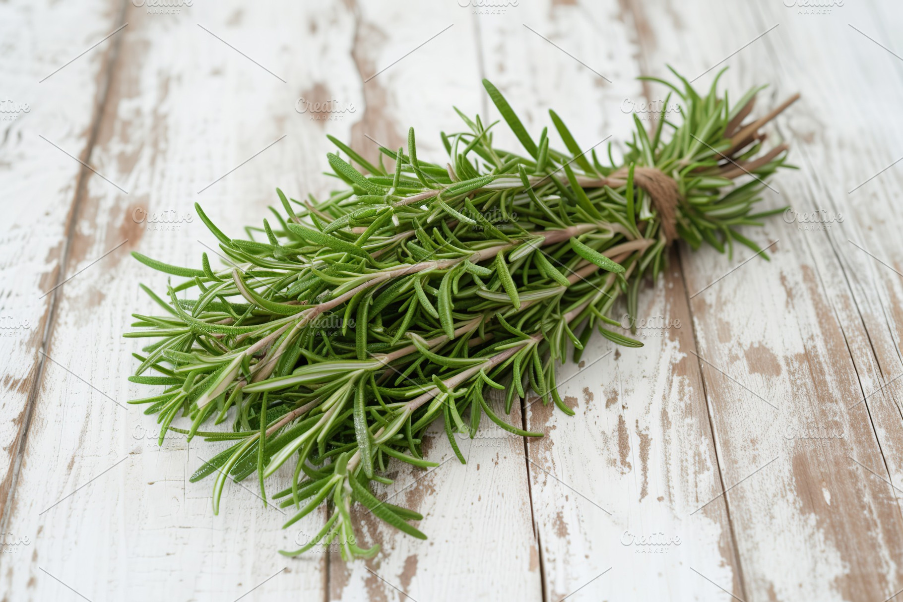 Rosemary bunch on wooden table, a Food & Drink Photo by AlyaAnd