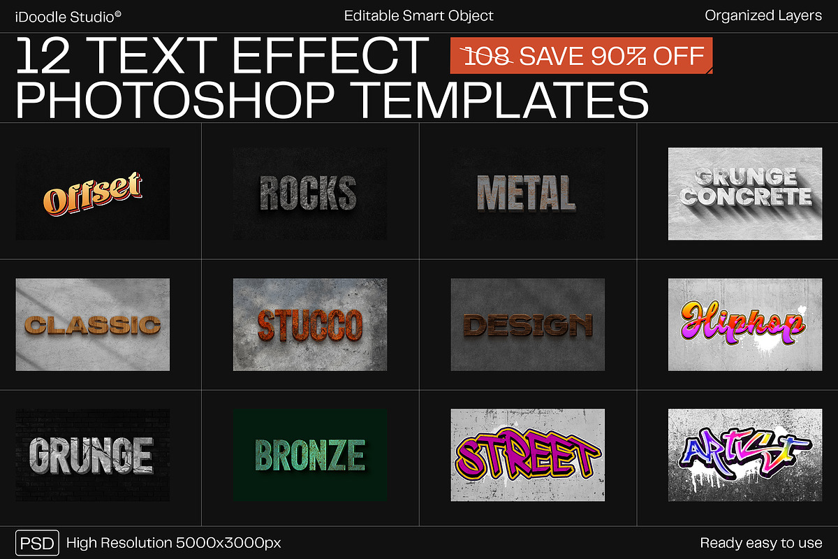 12 Text Effect Templates, a Layer Style Add-On by iDoodle Studio (Photo 1 of 6)