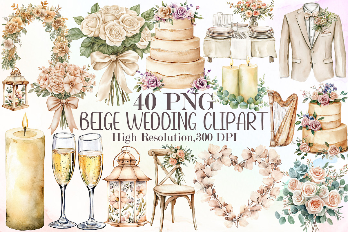 Watercolor Beige Wedding Clipart Set, an Illustration by Sublimation Artist (Photo 1 of 6)