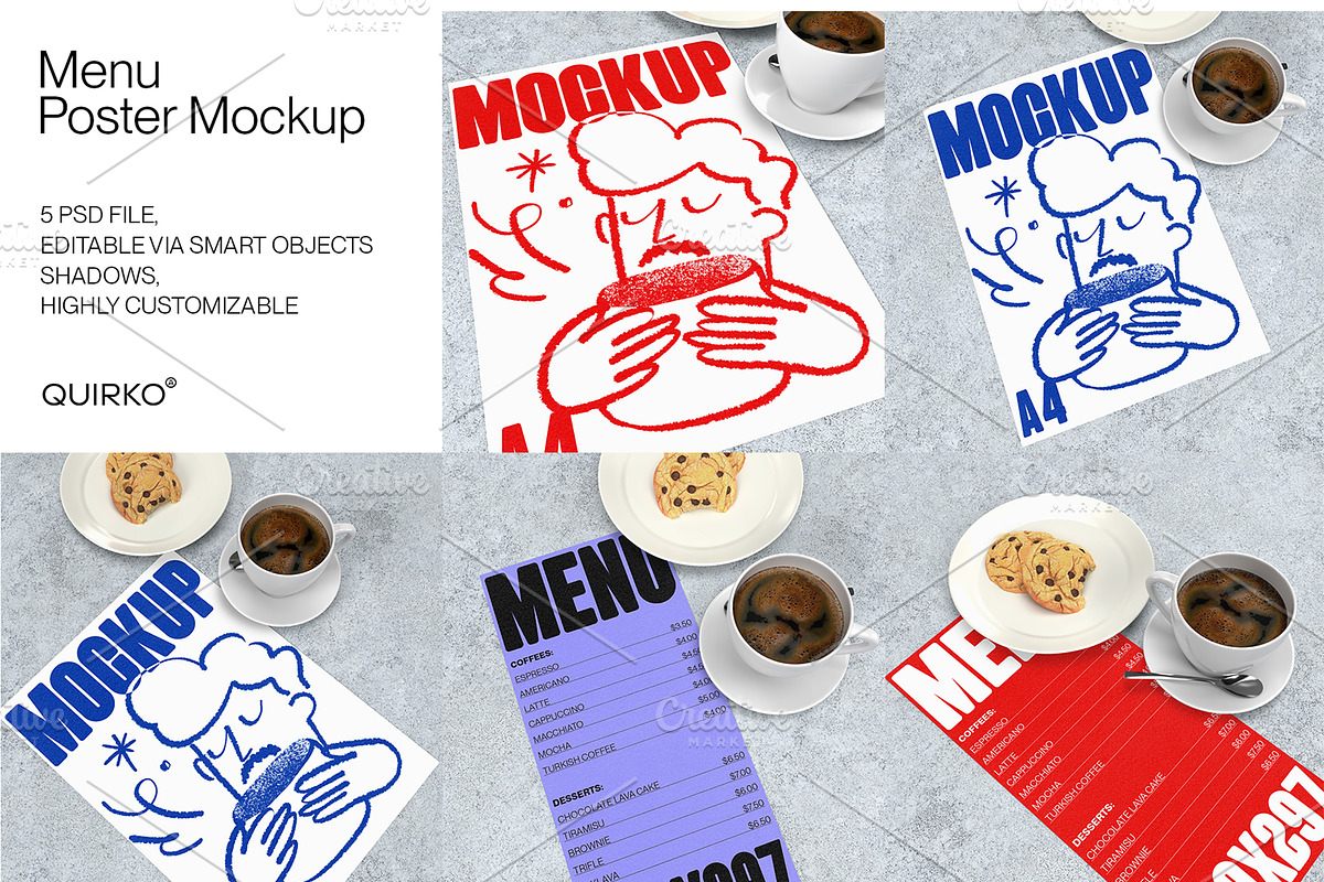 Posters and Menu Mockup, a Mockup by Quirko (Photo 1 of 6)
