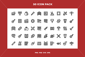 50 Music instruments icons, a Solid Icon by Wencory