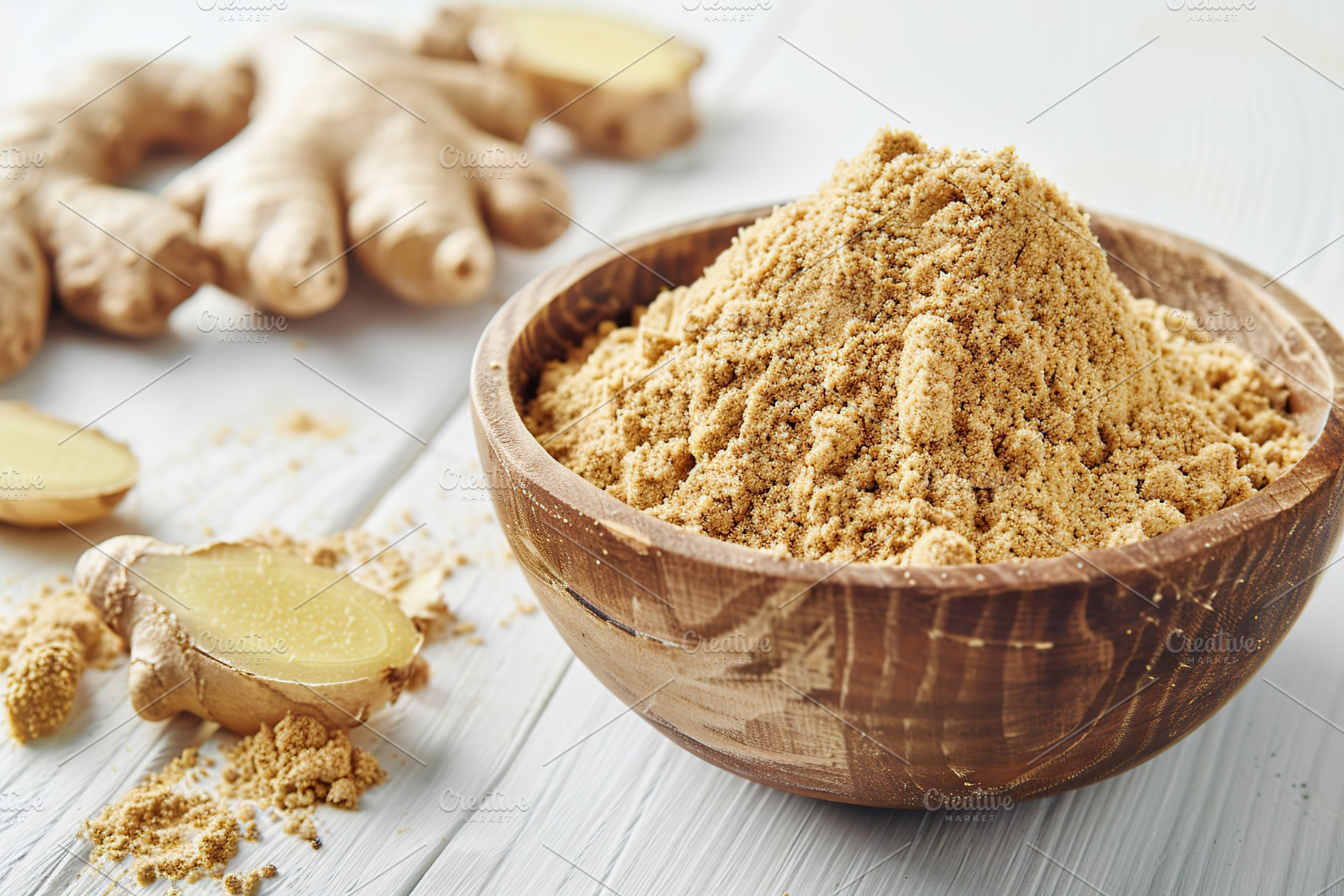 Ground dry ginger in bowl on wooden table, a Food & Drink Photo by AlyaAnd