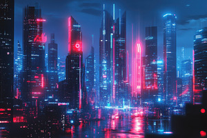 Futuristic Cityscape Neon Lights Nig, a Photo by Pixeness Studio