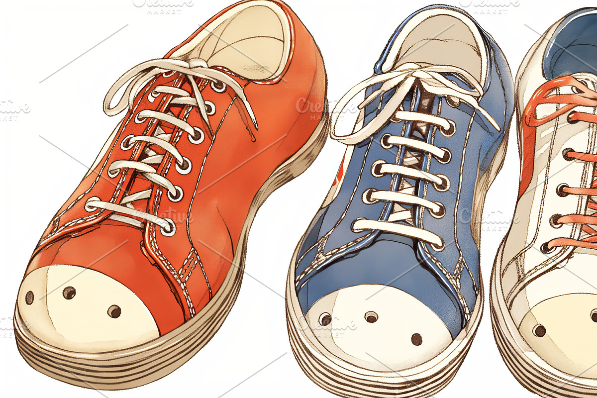 Colorful Hand-Drawn Illustration of Three Shoes Featuring Unique Designs and De, an Illustration by AS photostudio