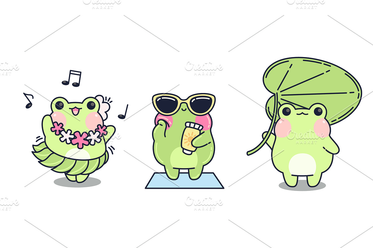 Kawaii frogs in summer outfits, an Animal Illustration by art PVP - market