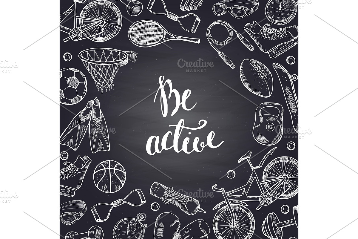 Vector hand drawn sports equipment contoured on chalkboard illustration, a Background Graphic by Onyx