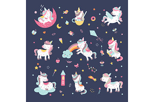 Cute Cartoon Unicorns On Rainbow