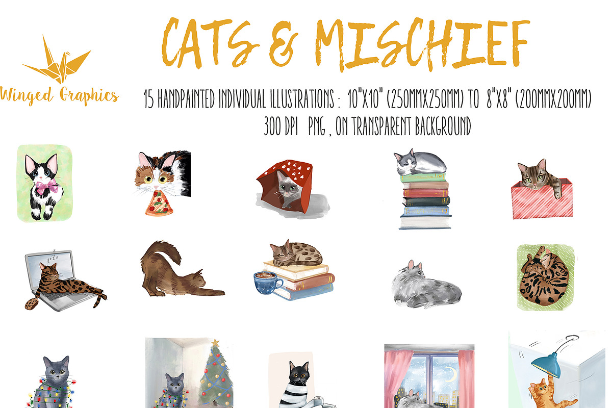 Cats & Mischief illustration set., an Animal Illustration by Winged Graphics (Photo 2 of 3)