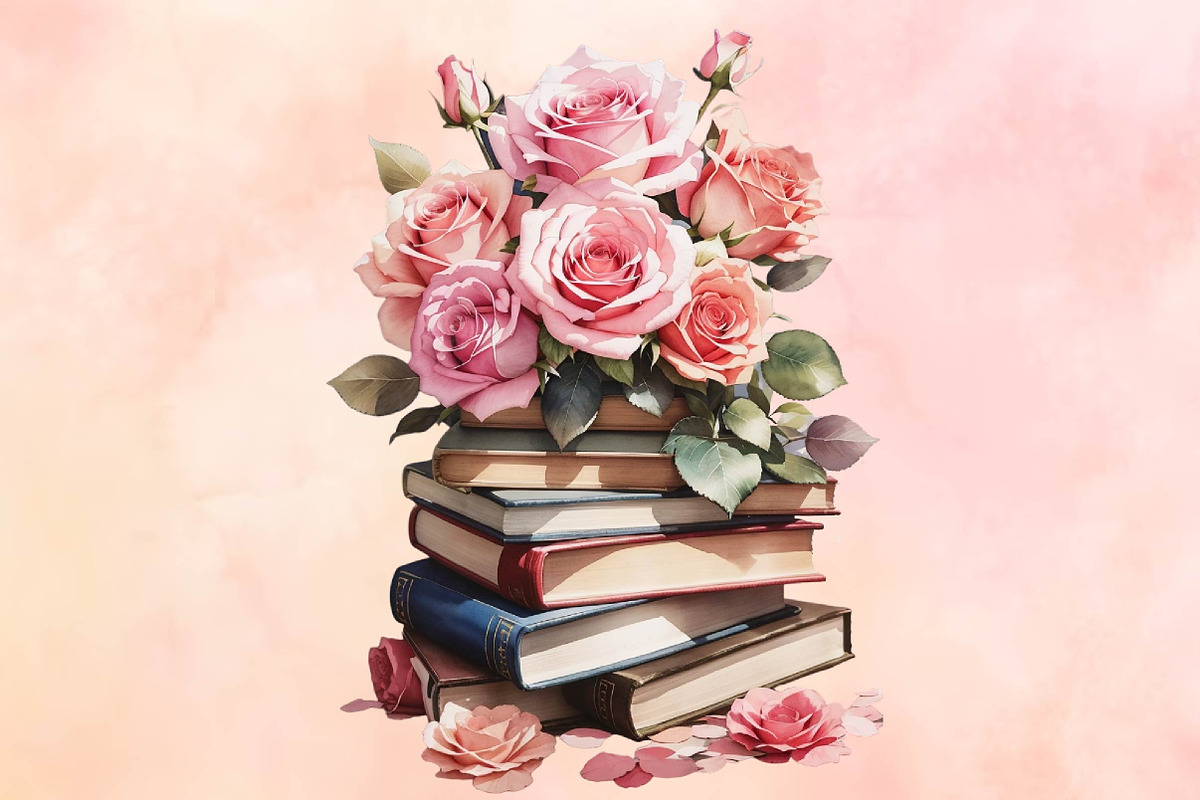 Watercolor Books with pink flower, a Seasonal Illustration by Craft Nest (Photo 3 of 5)
