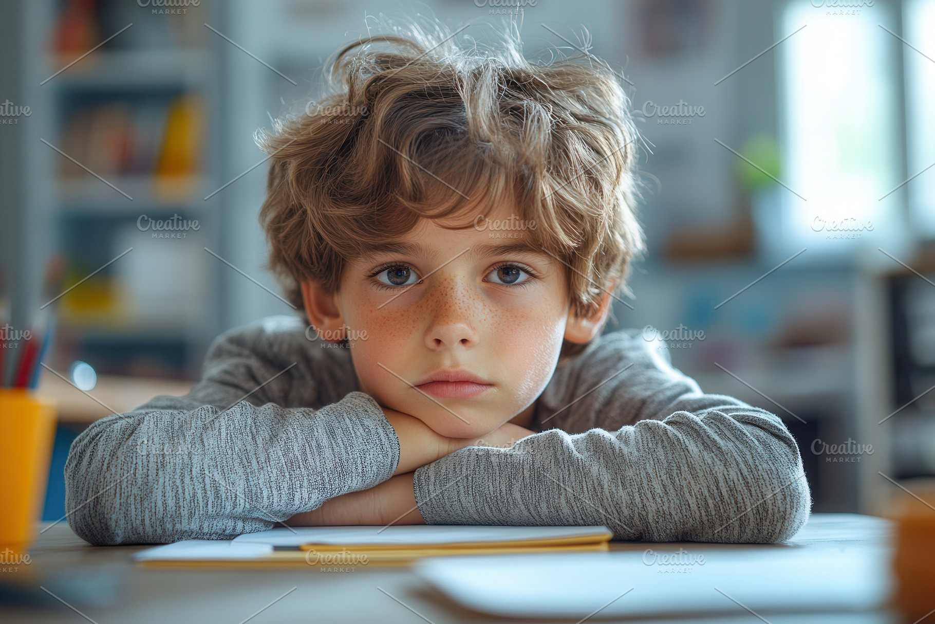 Young boy resting his head on hands, a Photo by Tanuart
