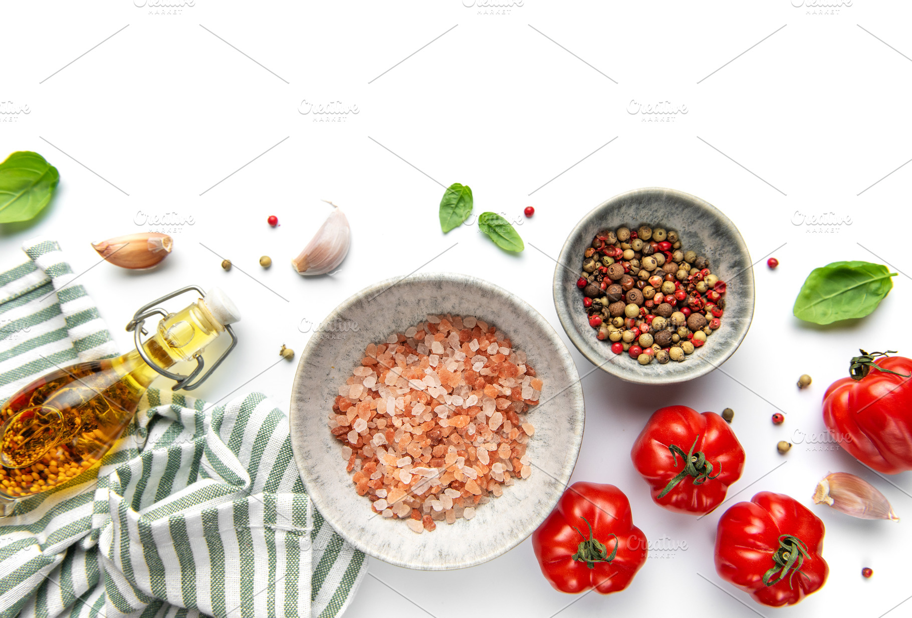 Cooking ingredients and spices flat lay on white background, a Food & Drink Photo by Olena Rudo