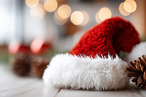 Santa hat resting on a wooden, a Holiday Photo by MistyDay