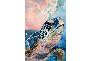 Close-Up Watercolor Sea Turtle Art, an Animal Illustration by Art Paradise Studios