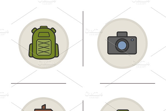 Camping Color Icons Set. Vector