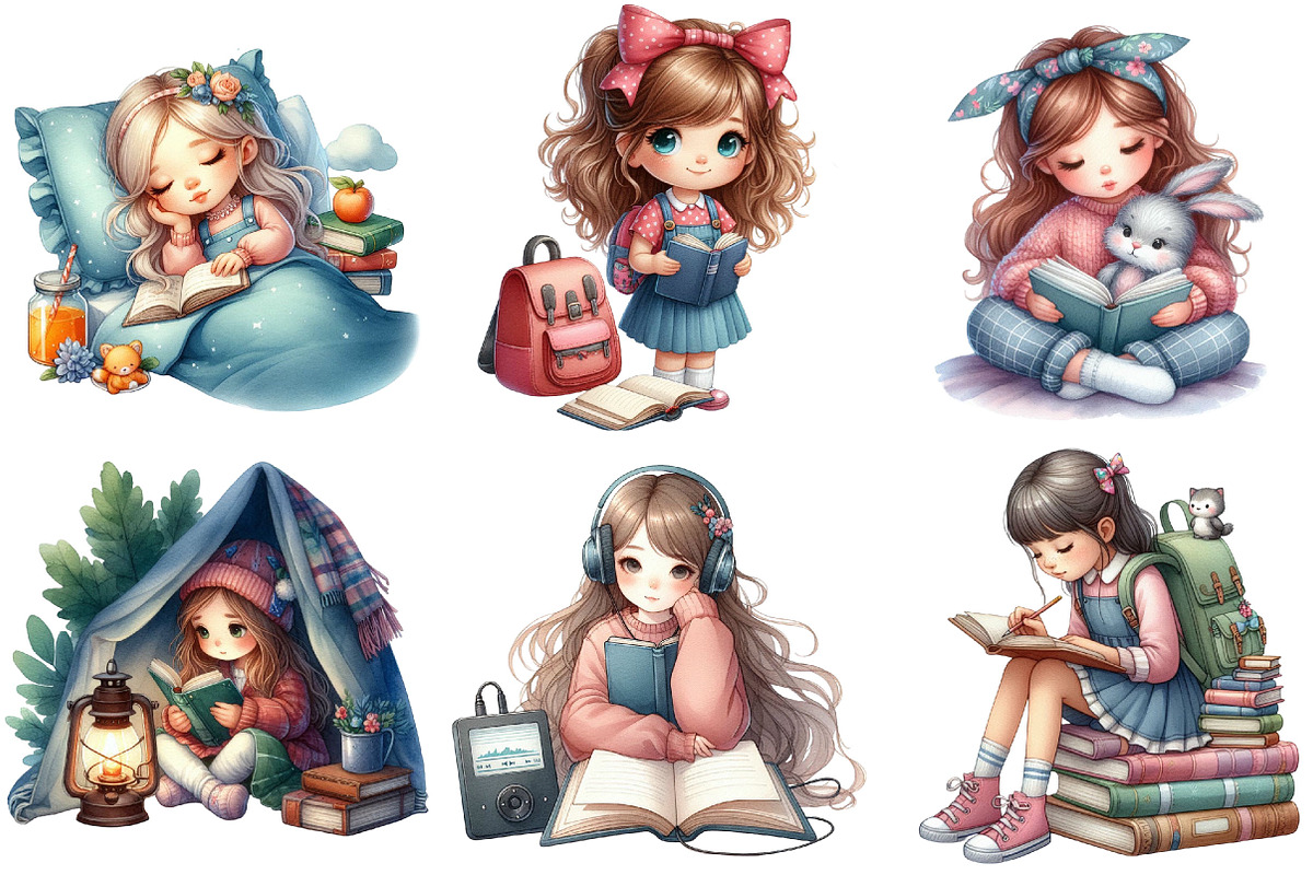 Cute Little Girl Reading Clipart, an Illustration by Pixels.Craft (Photo 3 of 10)