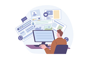 Man works at computer. Many, a Technology Illustration by Valerie Bodnar