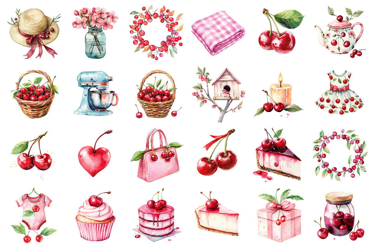 Watercolor Coquette Cherry Clipart, a Seasonal Illustration by designcity5 (Photo 2 of 5)