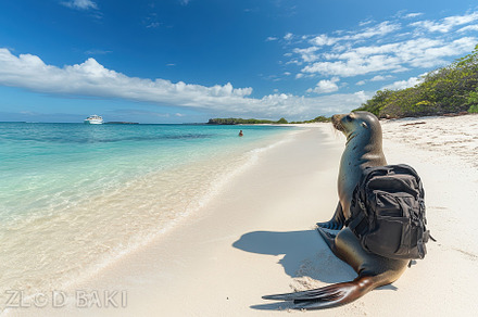 Sea lion with backpack on tropical b, a Background Photo by Pixeness