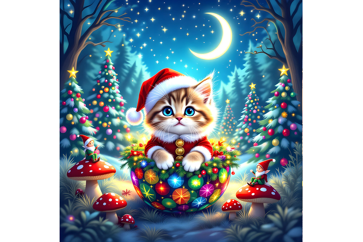 Christmas Kitten in a Whimsical Neon, an Animal Illustration by Sharon Schwalbe (Photo 2 of 2)