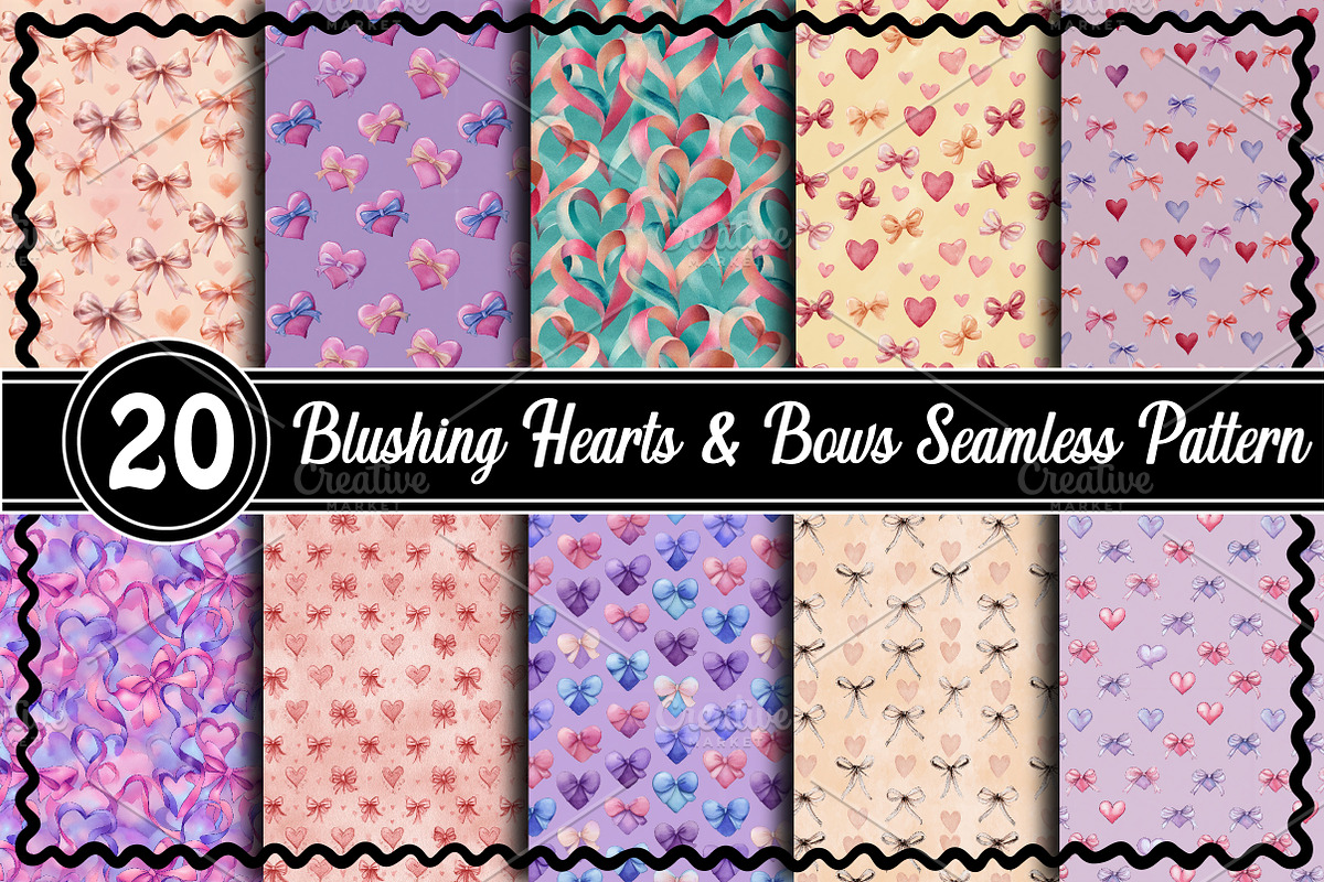 Blushing Hearts & Bows Seamless Patt, an Illustration by RobertsArt (Photo 1 of 4)