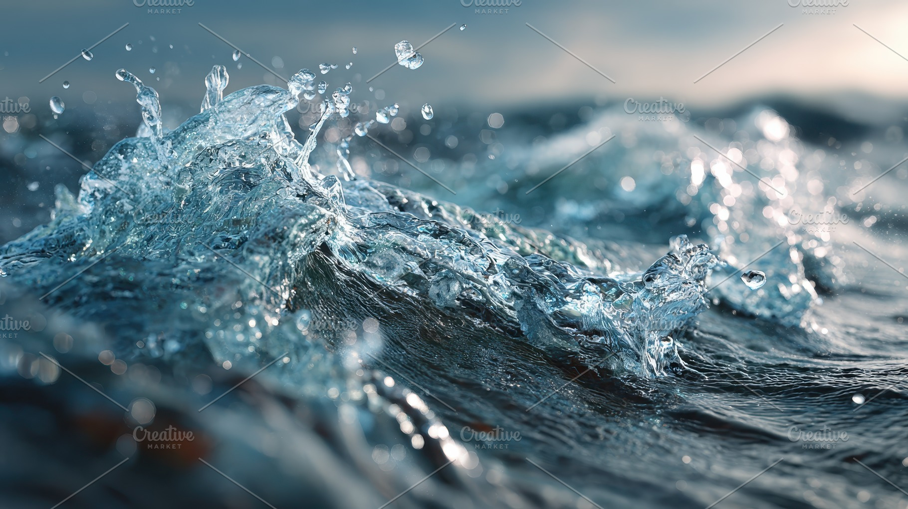 Ocean wave splash water droplets nat, a Photo by Pixeness Studio