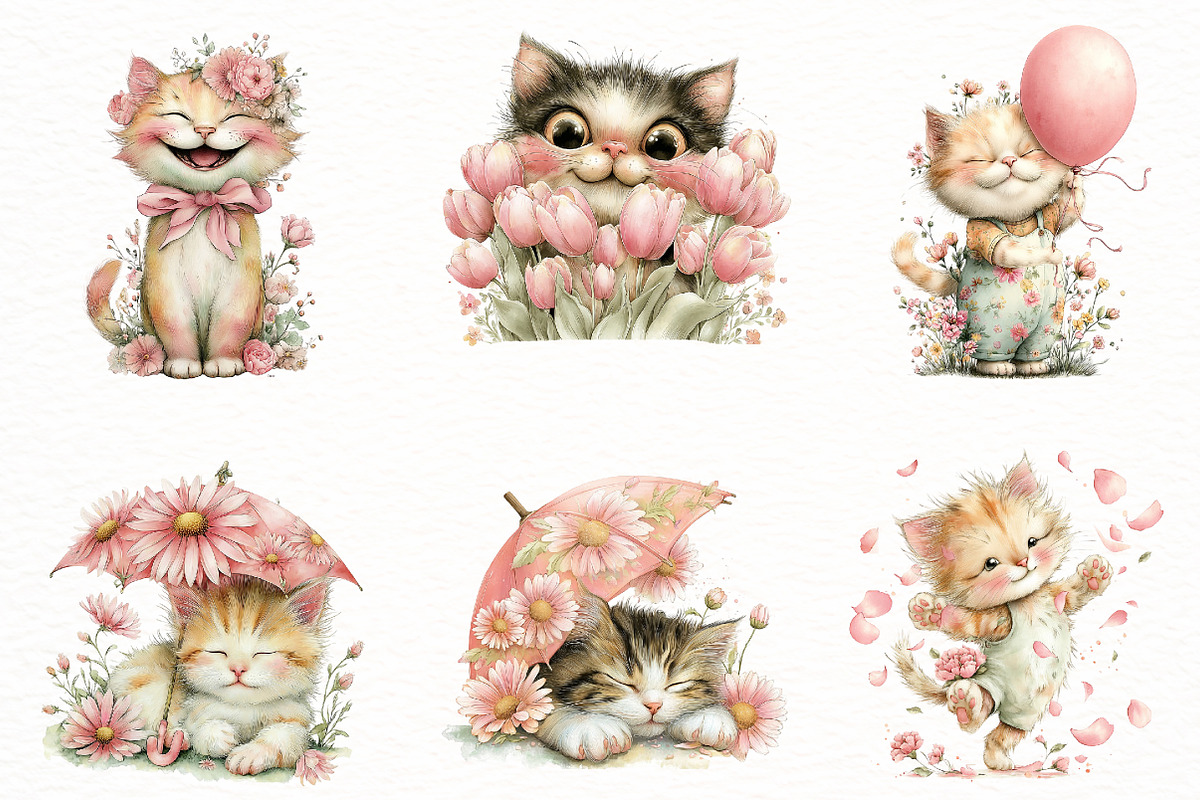 Whimsical Funny Spring Cat Clipart, an Illustration by Designworld (Photo 5 of 8)
