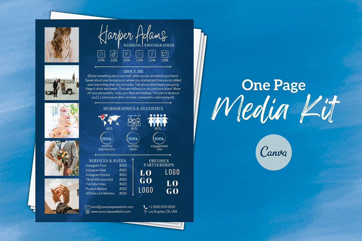 One Page Media Kit in Navy Blue [B], a Templates & Theme by ProductiveandFree (Photo 1 of 11)