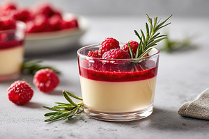 Panna cotta dessert topped with fresh raspberry sauce and herbs on a gray surfa, a Food & Drink Photo by AlyaAnd