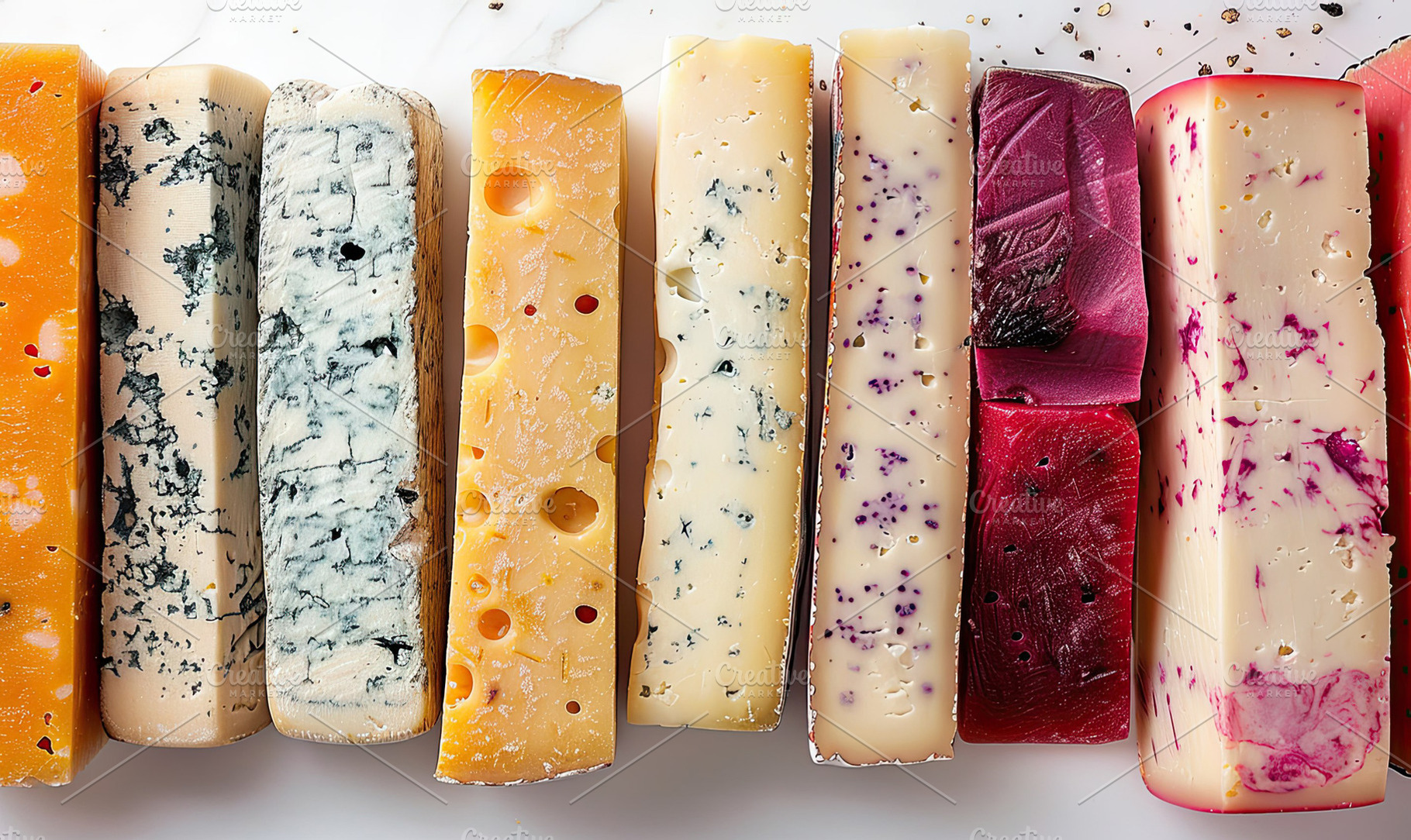 Colorful cheeses, from blue to chedd, a Photo by LOGOCREATIVE