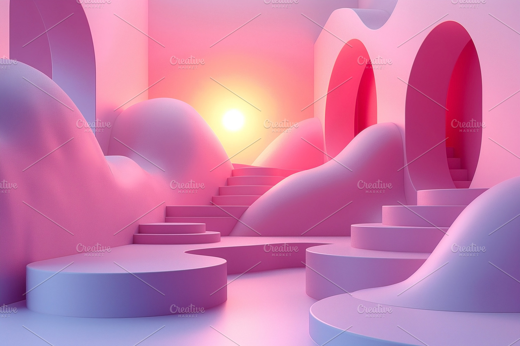 A surreal pink landscape featuring smooth curves and stairs, bat, a Background Photo by ImageMir