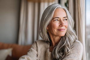 Mature woman with gray hair gazes thoughtfully by a sunlit window in a cozy liv, a Person Photo by AlyaAnd