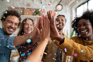 Friends celebrating with high-fives and confetti, a Business Photo by AlyaAnd