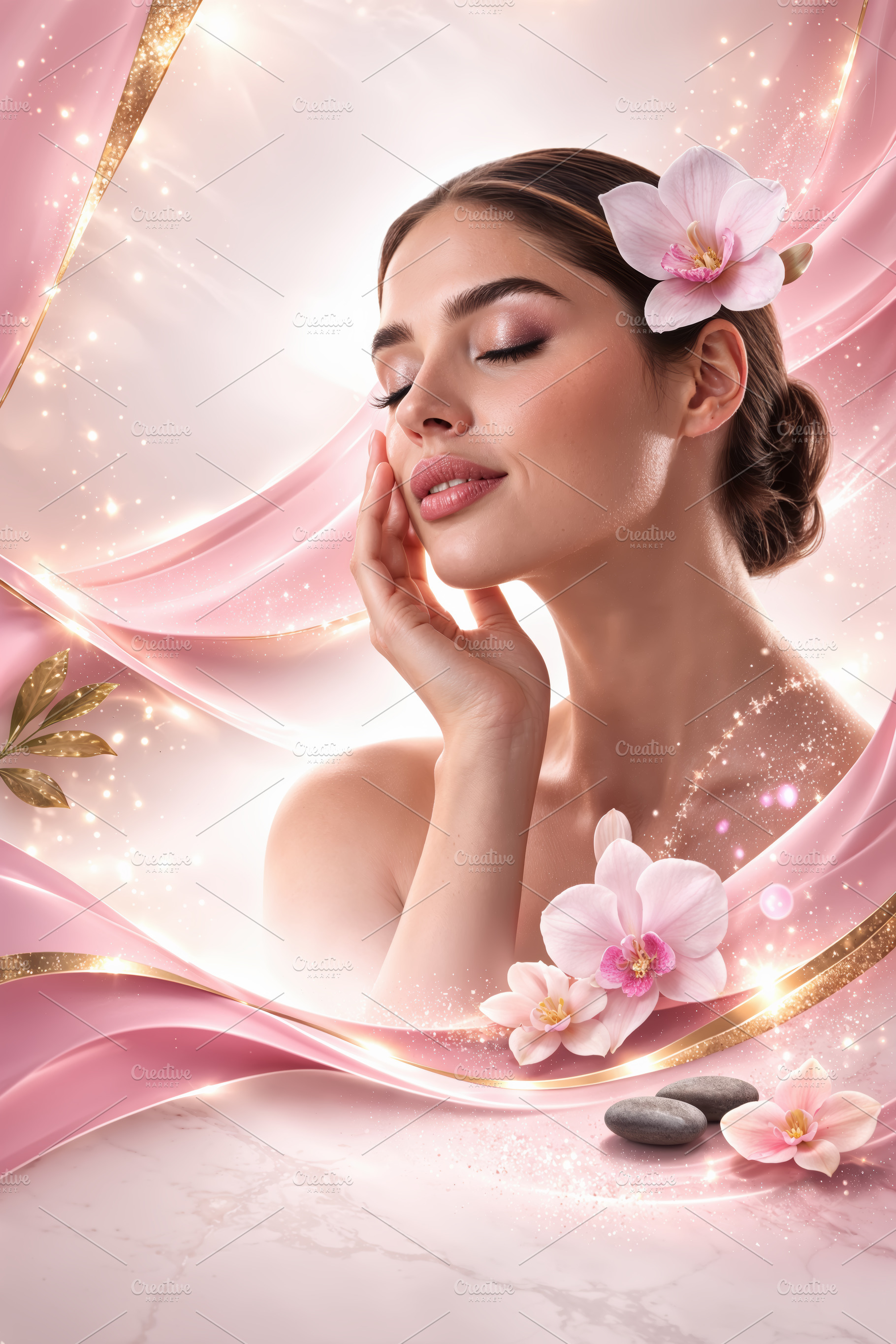 Woman with luminous skin and pink fl, a Beauty & Fashion Photo by angellodeco