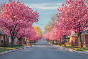 Springtime blossoms line a peaceful, a Photo by Tanuart