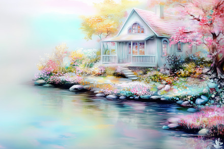 A serene, pastel-colored landscape featuring a charming house by a tranquil lak, an Arts & Entertainment Photo by Textures & Backgrounds