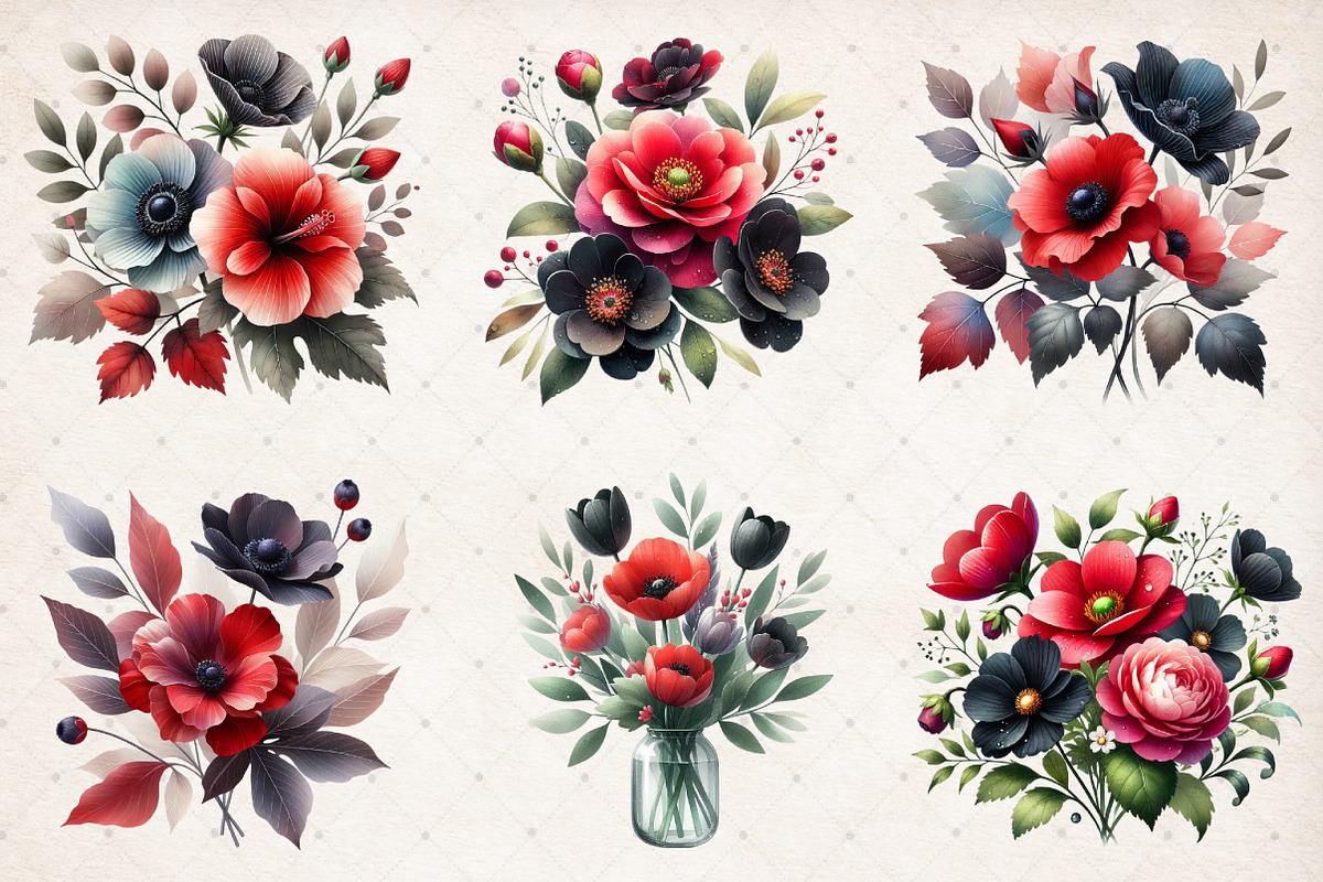 Red & Black Flower Bouquets Clipart, an Illustration by SinaCreation (Photo 4 of 4)