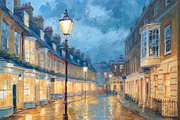 Old street with glowing lamplight reflecting on a wet sidewalk d, an Illustration by Studio ANNA (Thumbnail 1 of 2)