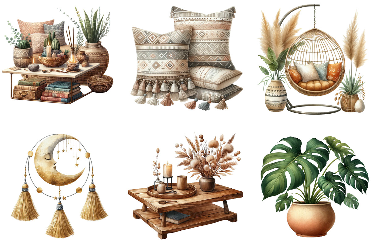 Watercolor Boho Interior Clipart, an Illustration by DreamArtGraphic (Photo 2 of 5)