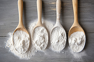 Flour in wooden spoons on wooden background, a Food & Drink Photo by AlyaAnd