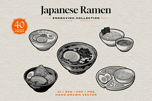Japanese Ramen Engraving Collection, a Food Illustration by Kaizla03