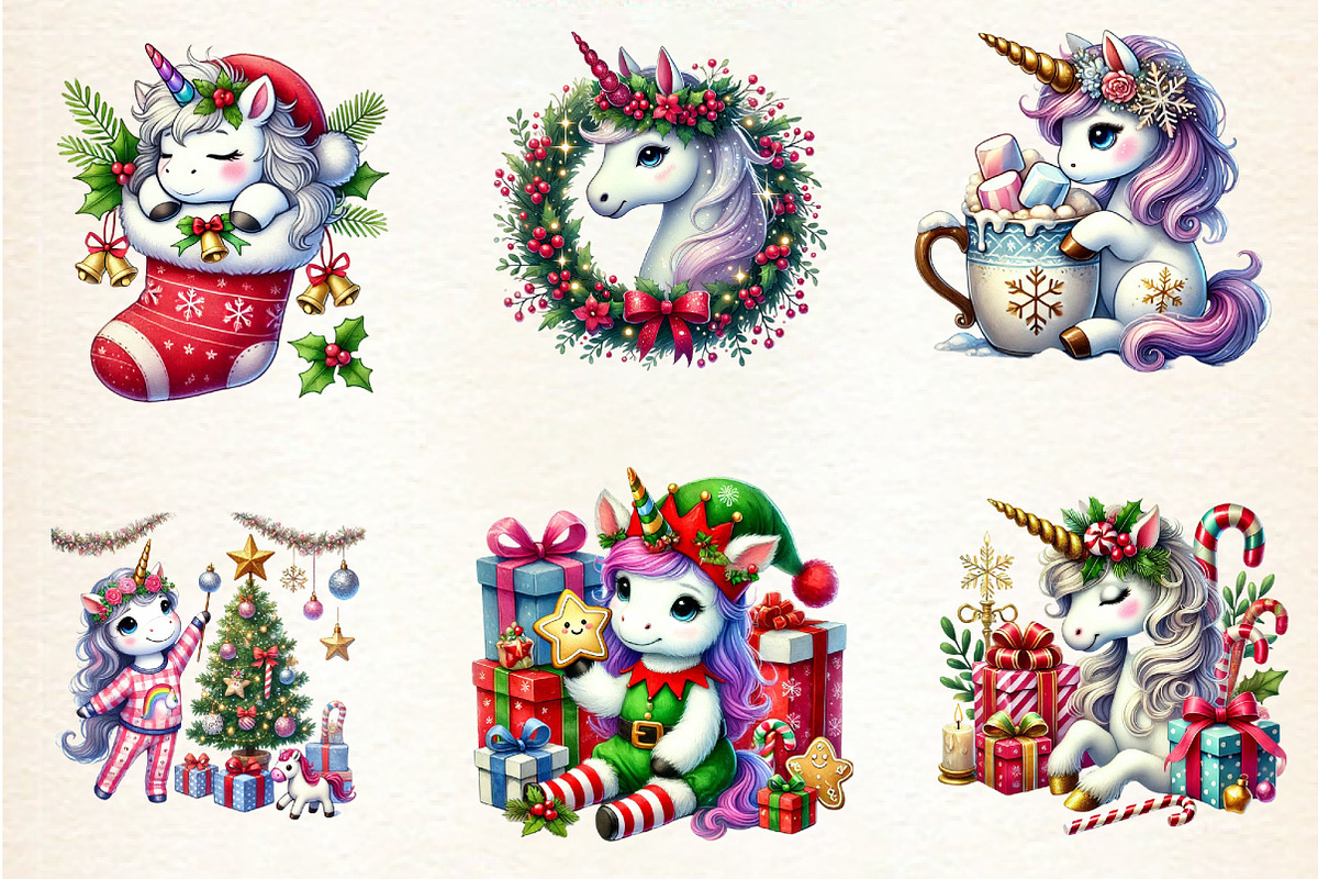 Christmas Cute Unicorn Clipart, an Illustration by DreamArtGraphic (Photo 4 of 5)