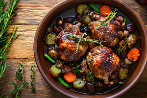 Braised chicken with vegetables in rustic bowl, a Food & Drink Photo by Photostock