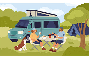 Camper on nature. Happy couple with, a Transportation Illustration by YummyBuum